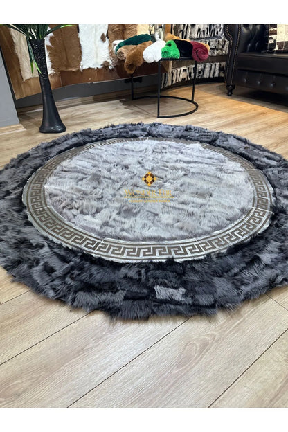 Gray  Natural  Handmade Sheepskin Rug with Double Silver Greek Key Pattern