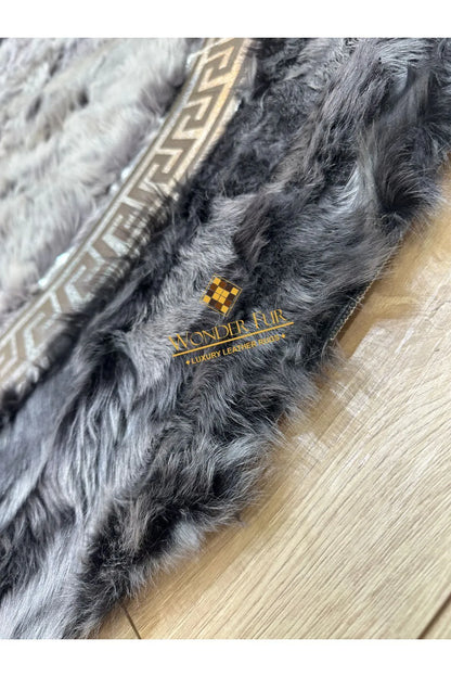 Gray  Natural  Handmade Sheepskin Rug with Double Silver Greek Key Pattern