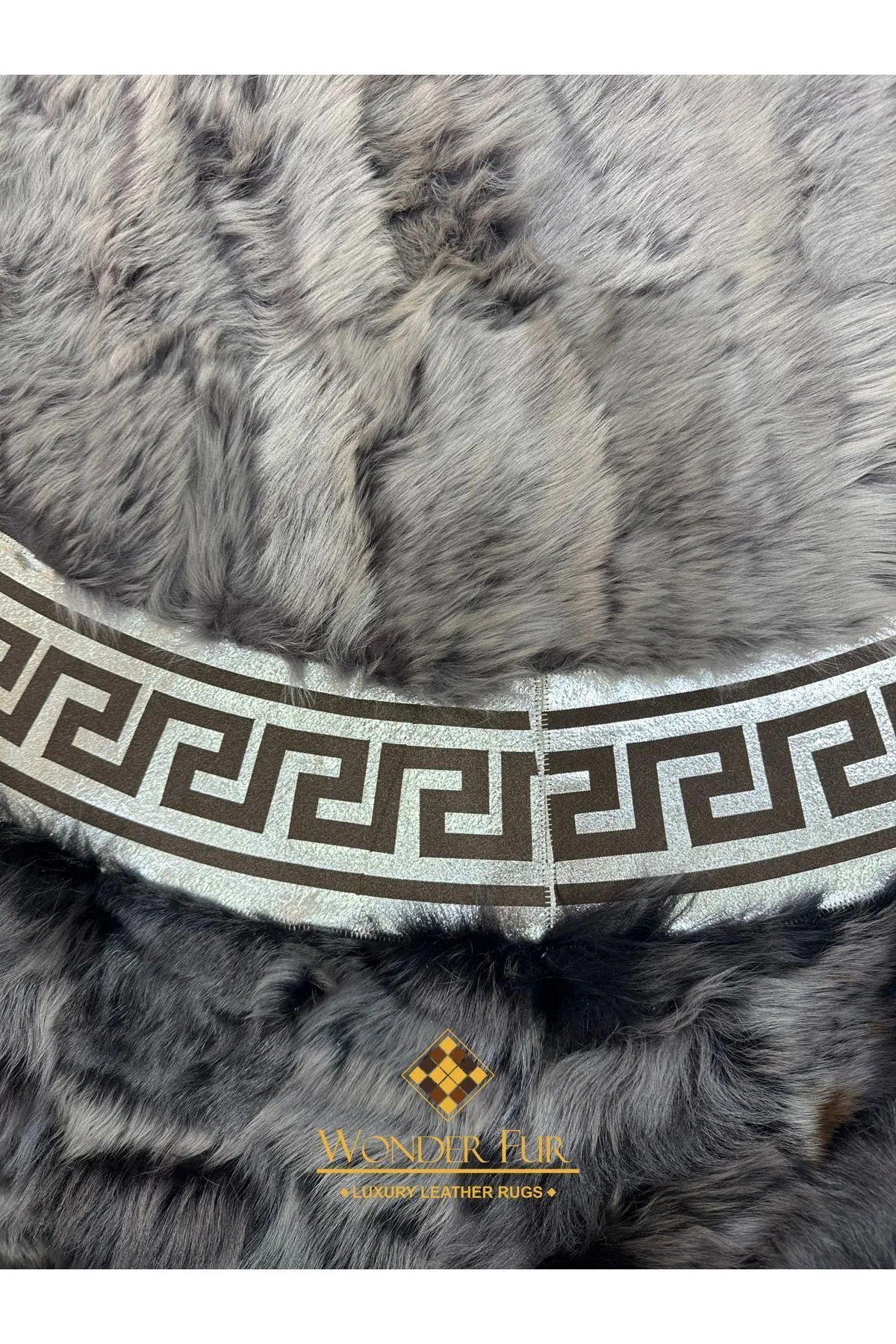 Gray  Natural  Handmade Sheepskin Rug with Double Silver Greek Key Pattern
