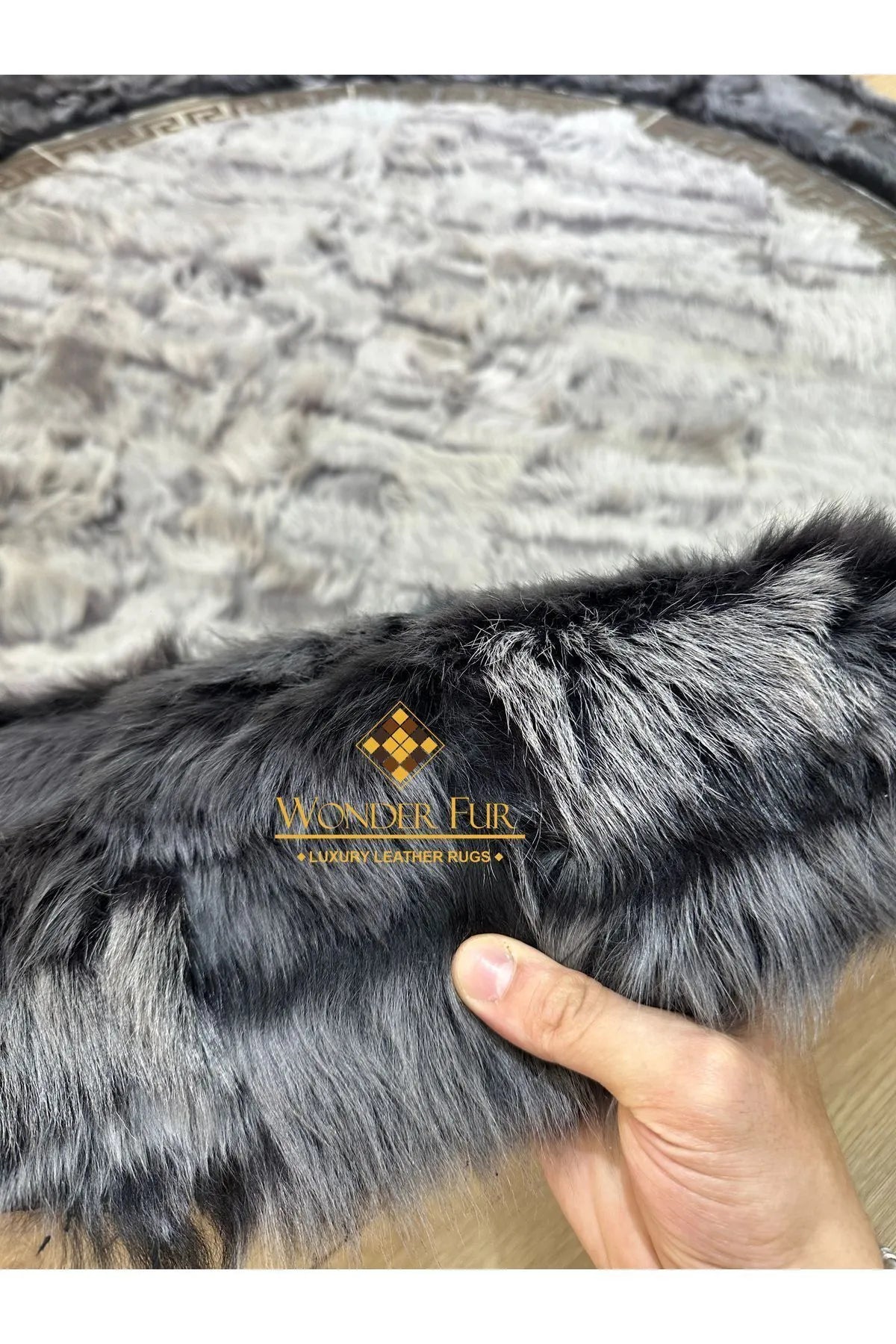 Gray  Natural  Handmade Sheepskin Rug with Double Silver Greek Key Pattern
