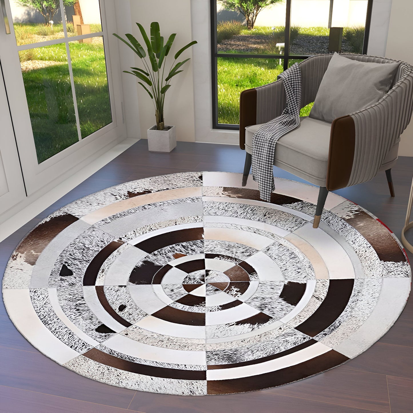 Unique Natural Leather Handmade Cow Skin Carpet, Colorful Cowhide Round Rug