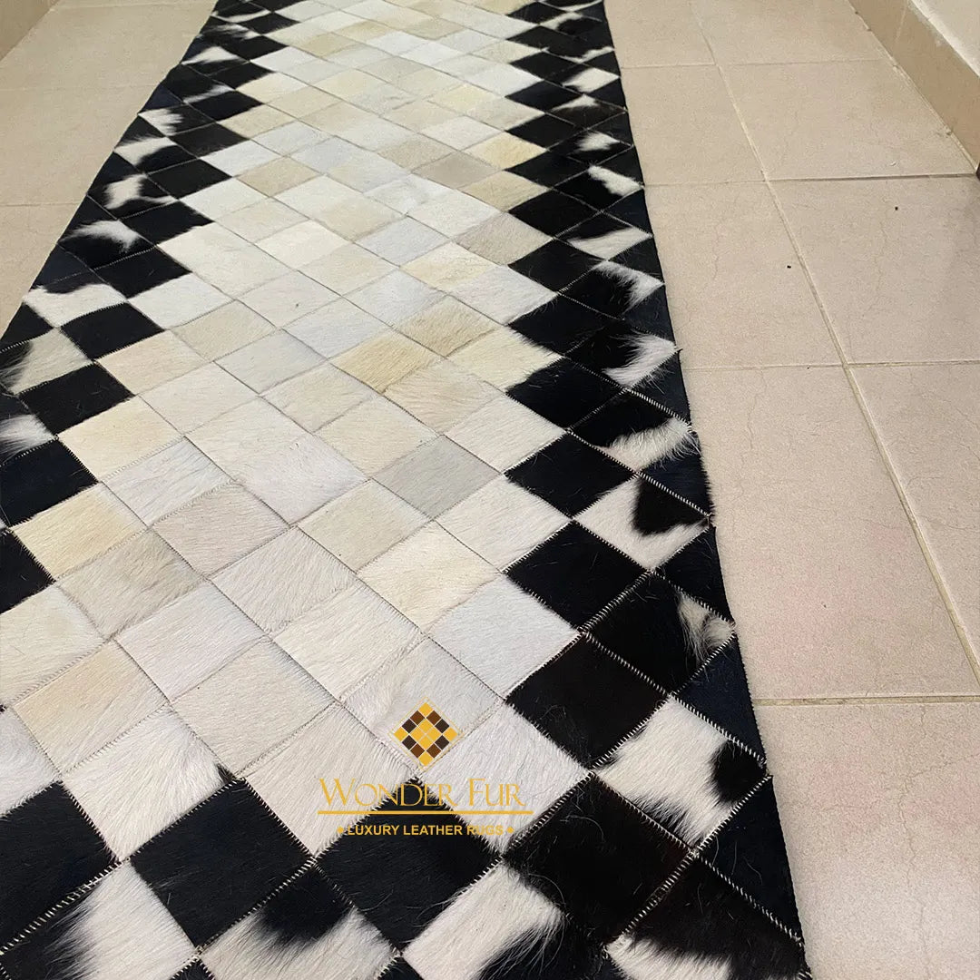 Unique Black and White Cowhide Runner Rug, Natural Leather Handmade Patchwork Rug, Cool Rug