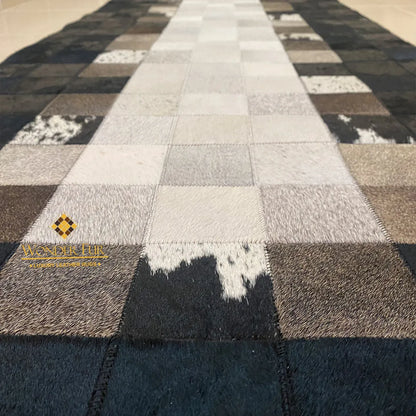 Tricolor Black Border Cowhide Runner Rug, 100% Genuine Cowhide Patchwork Rug, Runner Rug for Hallway
