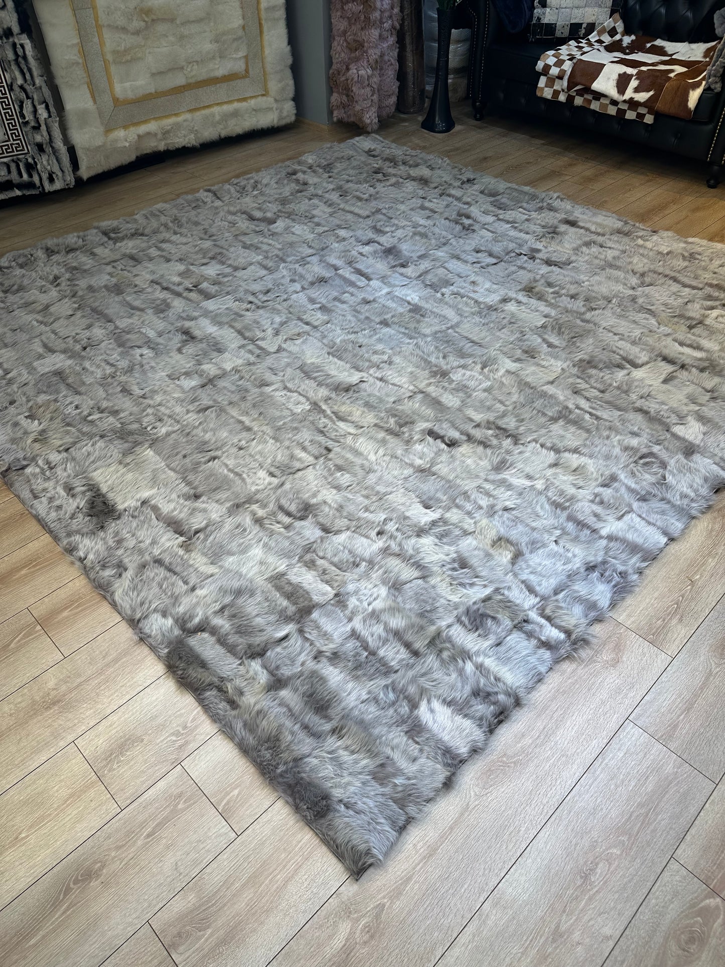 Handmade Gray Genuine Sheep Leather Unique Area Rug, Handmade Sheepskin Living Room Rug