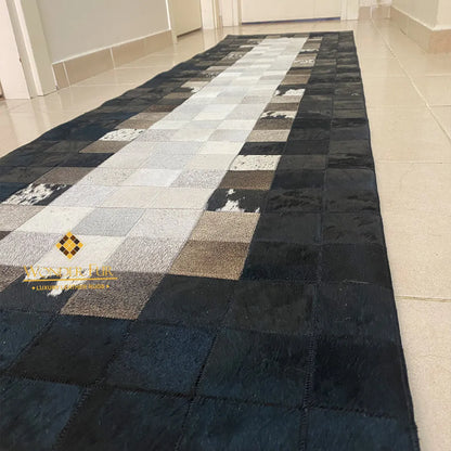Tricolor Black Border Cowhide Runner Rug, 100% Genuine Cowhide Patchwork Rug, Runner Rug for Hallway