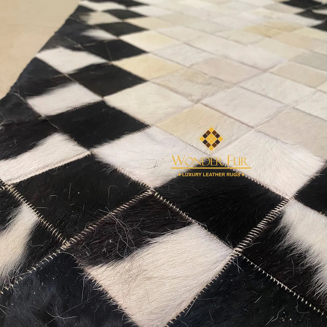 Unique Black and White Cowhide Runner Rug, Natural Leather Handmade Patchwork Rug, Cool Rug