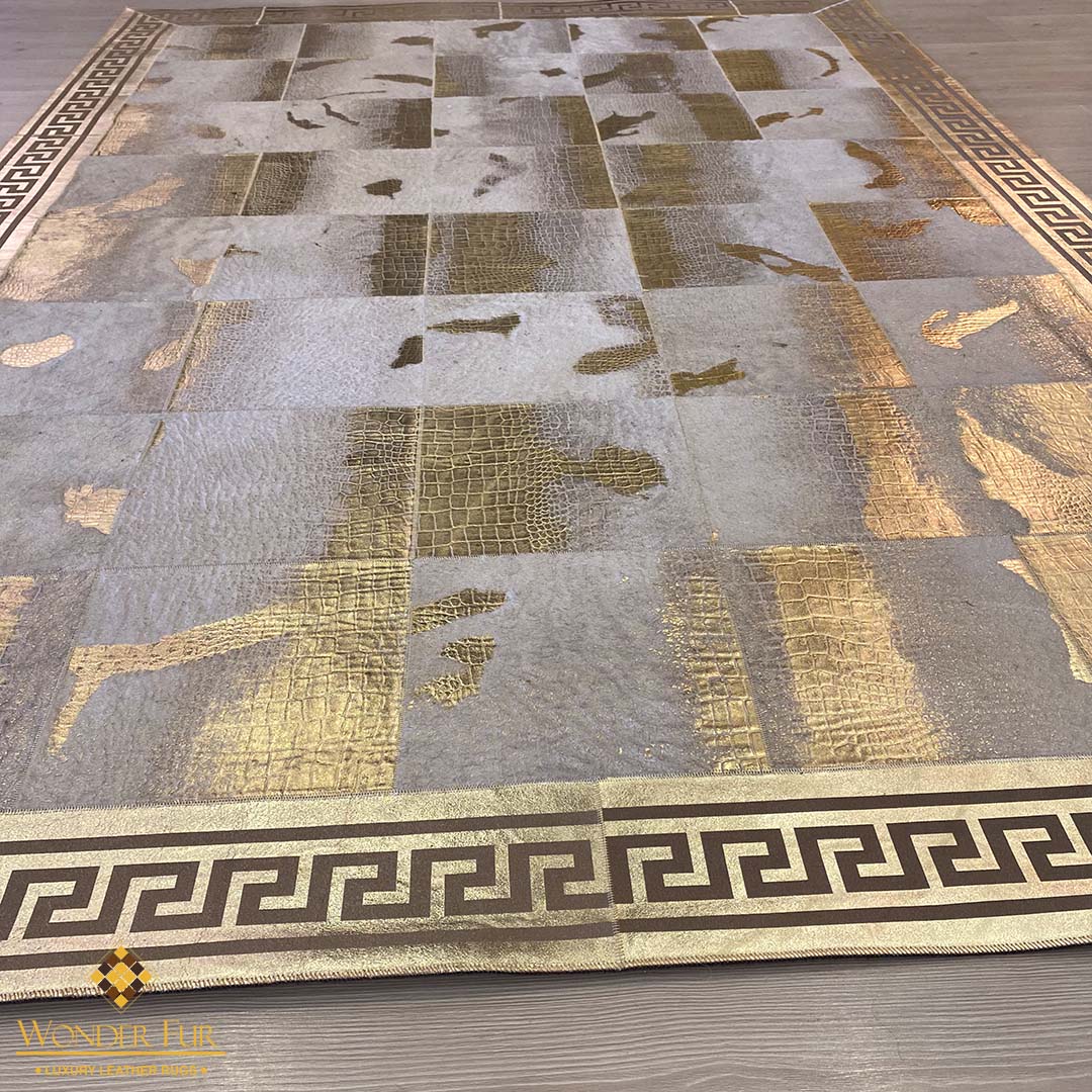 Unique Natural Sheepskin Gold-Edged Grey Area Rug with Elegant Gold Accents