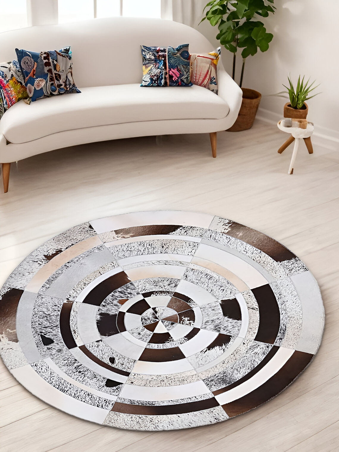 Unique Natural Leather Handmade Cow Skin Carpet, Colorful Cowhide Round Rug