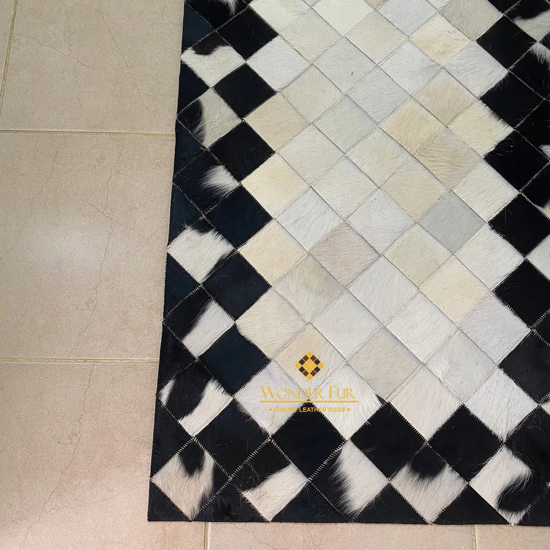 Unique Black and White Cowhide Runner Rug, Natural Leather Handmade Patchwork Rug, Cool Rug