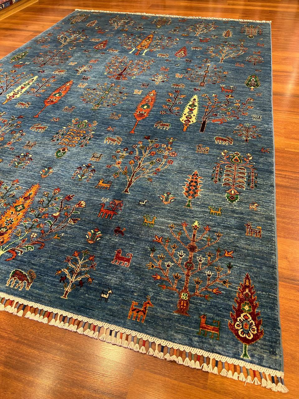 Handmade Afghan Blue Gabbeh Wool Rug– Tribal Nomadic Boho Carpet