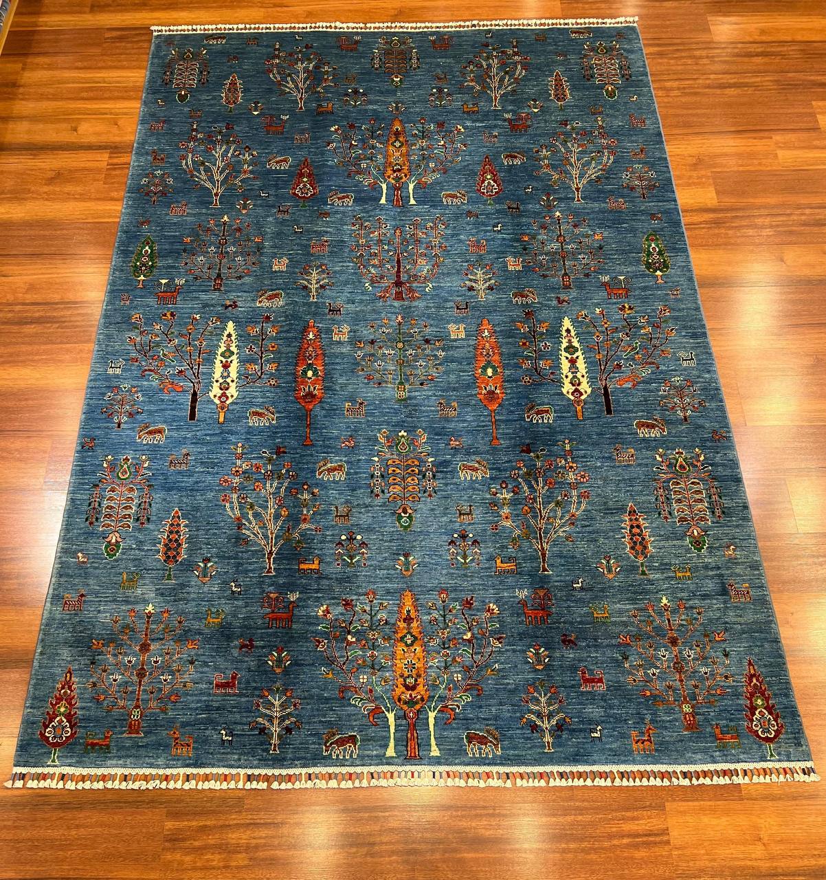 Handmade Afghan Blue Gabbeh Wool Rug– Tribal Nomadic Boho Carpet