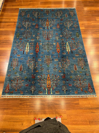 Handmade Afghan Blue Gabbeh Wool Rug– Tribal Nomadic Boho Carpet
