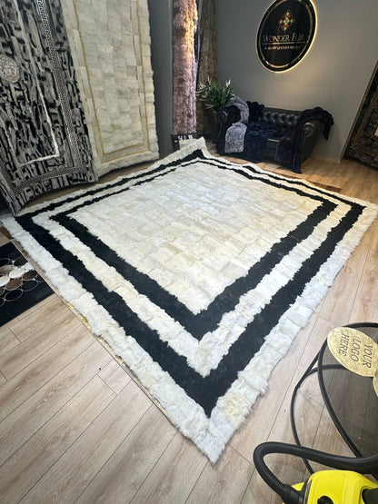 100% Natural Sheepskin Black White Living Room Modern Soft Handmade Rug