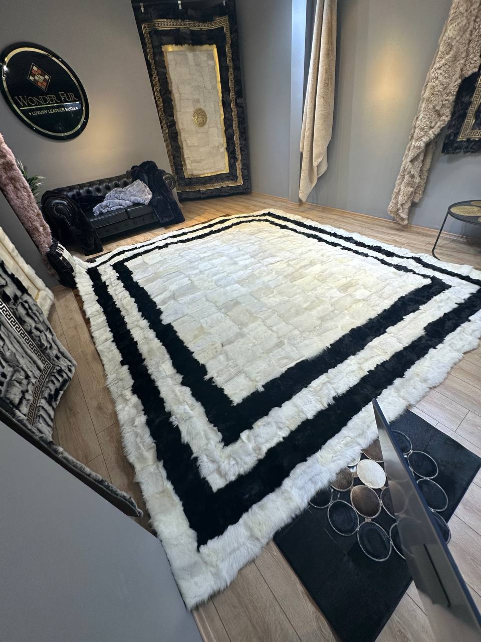 100% Natural Sheepskin Black White Living Room Modern Soft Handmade Rug