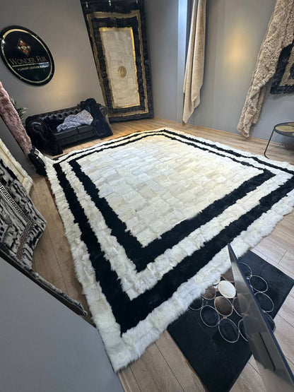 100% Natural Sheepskin Black White Living Room Modern Soft Handmade Rug