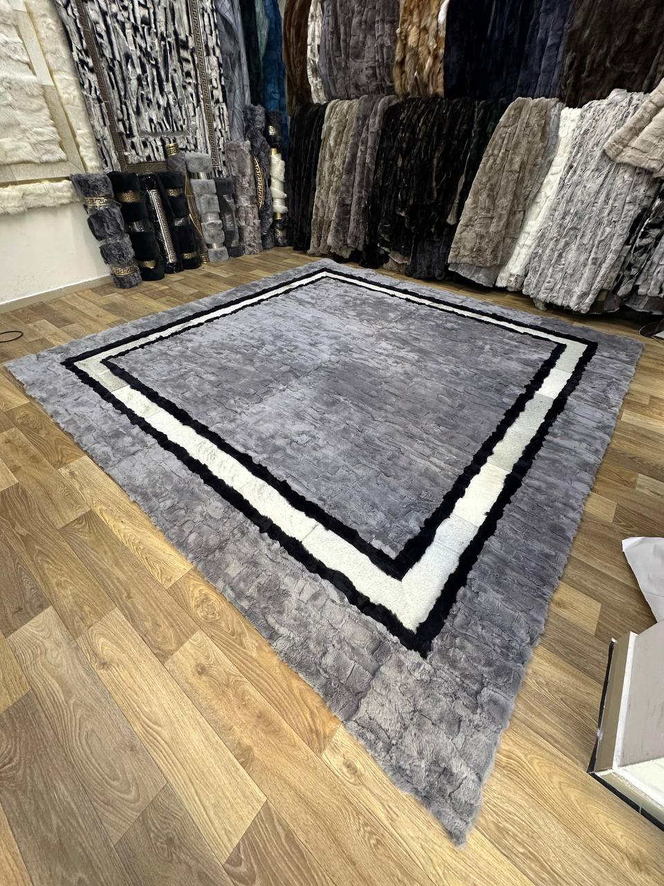 Handmade Gray & White Natural Soft Rabbit Fur Rug