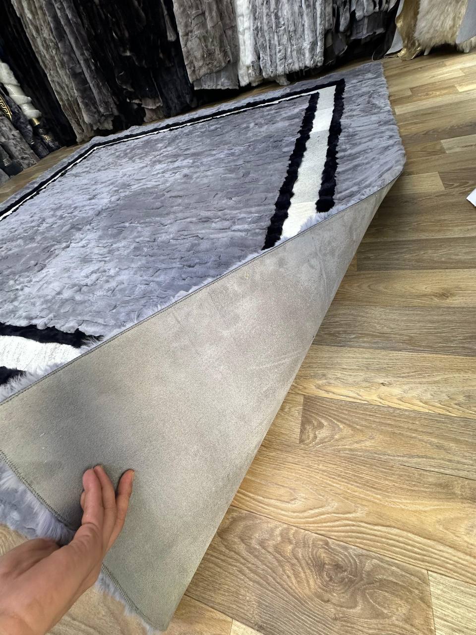 Handmade Gray & White Natural Soft Rabbit Fur Rug