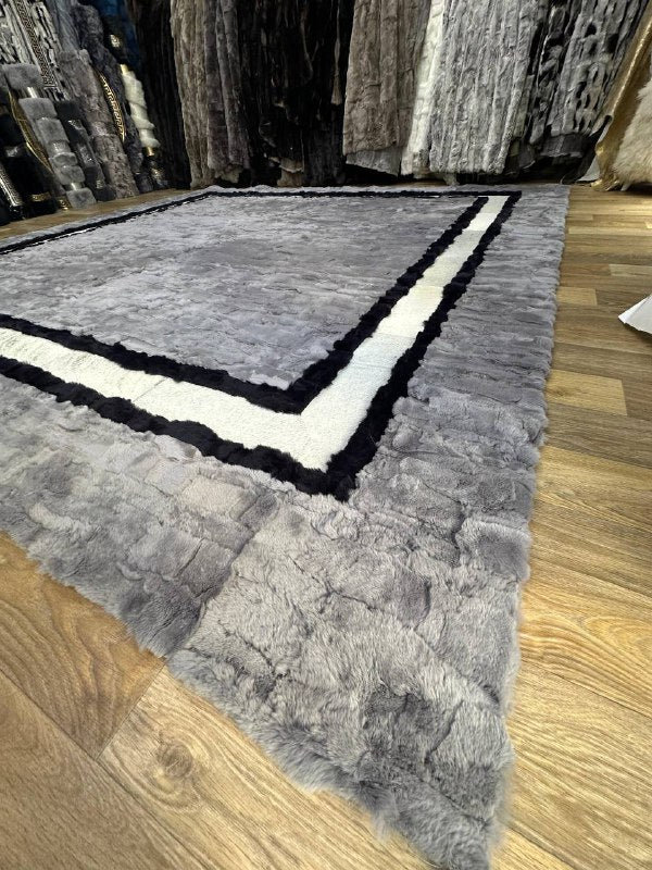 Handmade Gray & White Natural Soft Rabbit Fur Rug