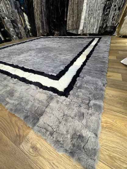 Handmade Gray & White Natural Soft Rabbit Fur Rug