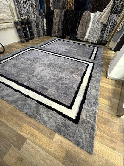 Handmade Gray & White Natural Soft Rabbit Fur Rug