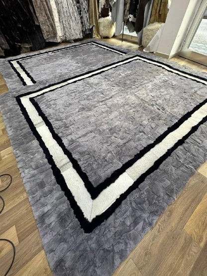 Handmade Gray & White Natural Soft Rabbit Fur Rug