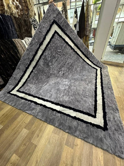 Handmade Gray & White Natural Soft Rabbit Fur Rug