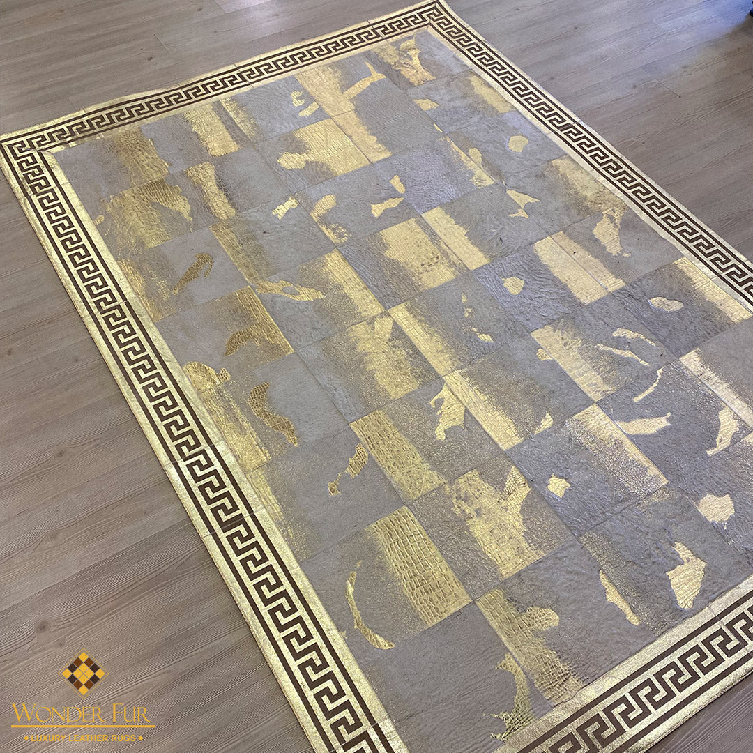 Unique Natural Sheepskin Gold-Edged Grey Area Rug with Elegant Gold Accents