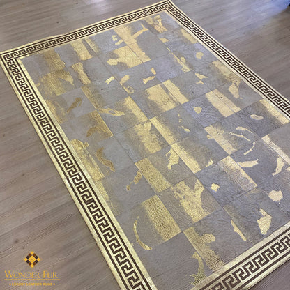 Unique Natural Sheepskin Gold-Edged Grey Area Rug with Elegant Gold Accents