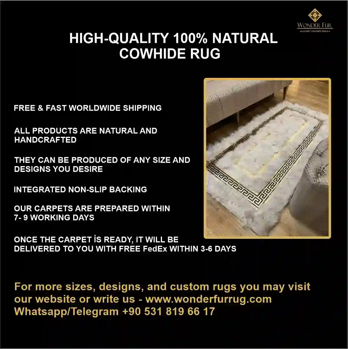 Handmade Runner Sheepskin White Gold Area Rug, Interior Decor