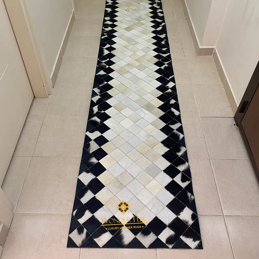 Unique Black and White Cowhide Runner Rug, Natural Leather Handmade Patchwork Rug, Cool Rug
