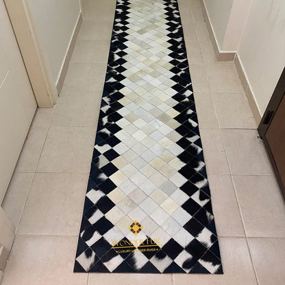 Unique Black and White Cowhide Runner Rug, Natural Leather Handmade Patchwork Rug, Cool Rug