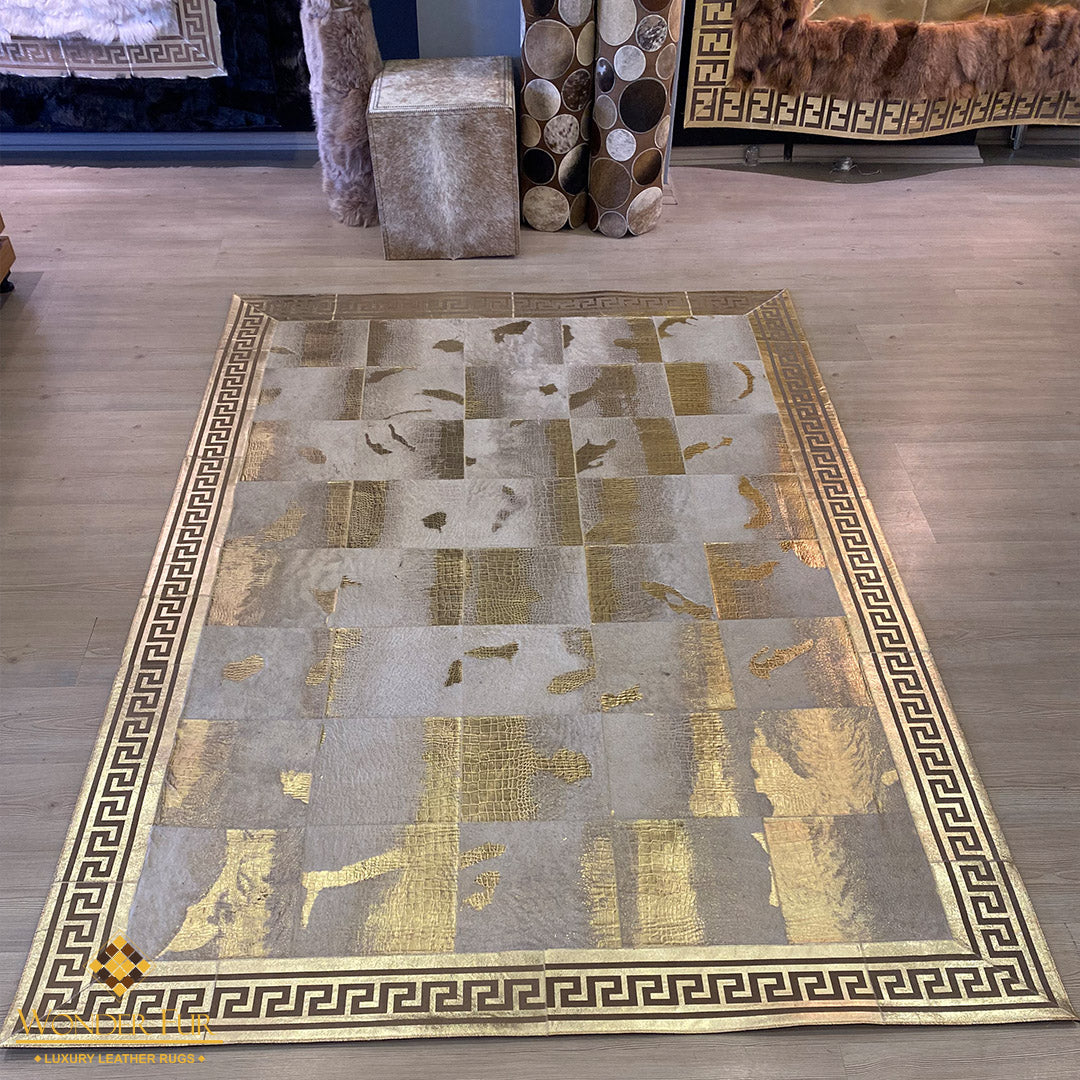 Unique Natural Sheepskin Gold-Edged Grey Area Rug with Elegant Gold Accents