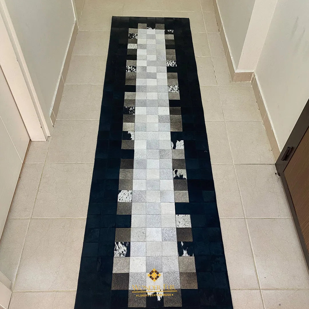 Tricolor Black Border Cowhide Runner Rug, 100% Genuine Cowhide Patchwork Rug, Runner Rug for Hallway