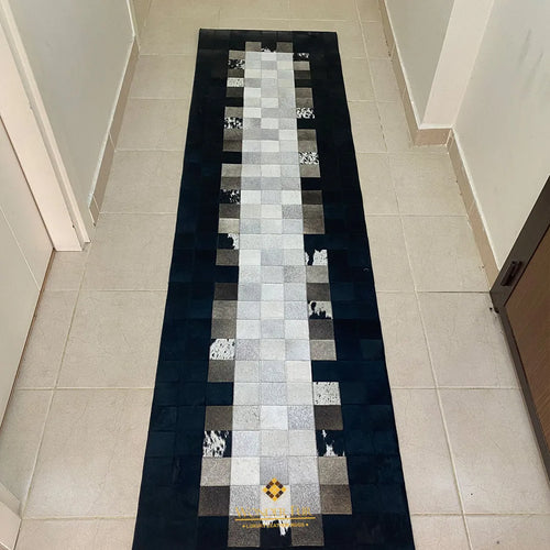 Tricolor Black Border Cowhide Runner Rug, 100% Genuine Cowhide Patchwork Rug, Runner Rug for Hallway