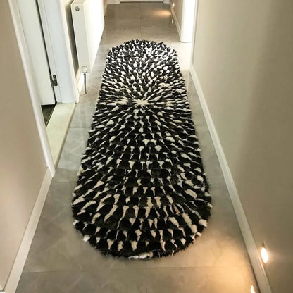 Black And White Natural Fox Fur Runner Rug , Handmade Modern Soft Rug