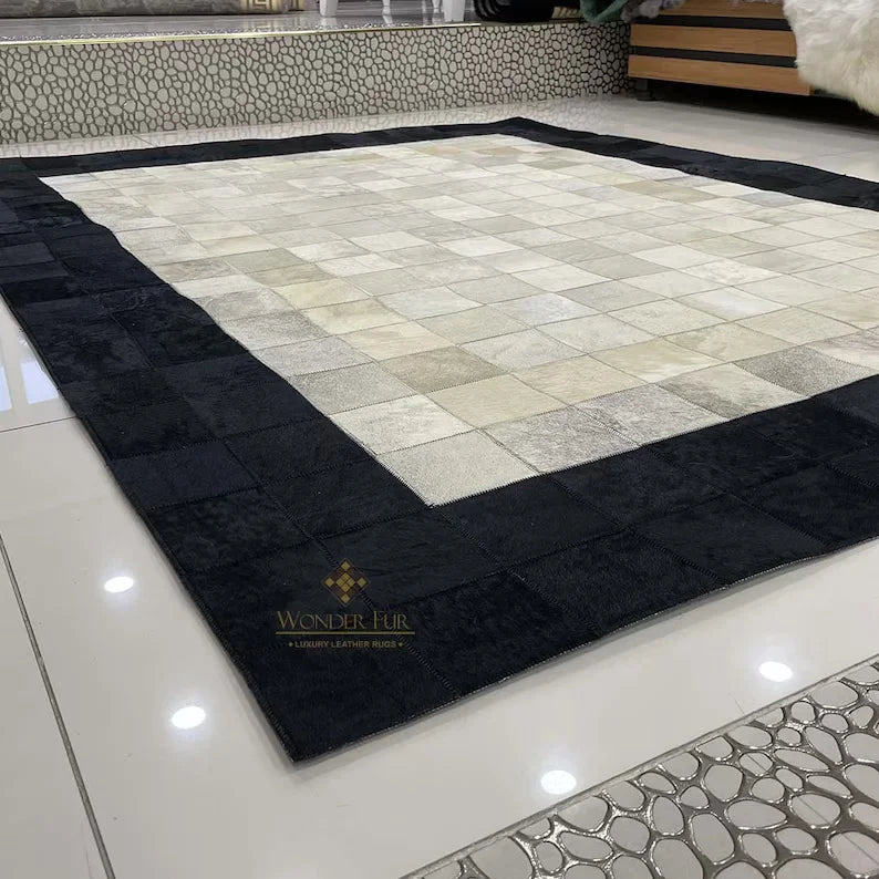 Black Bordered White Natural Cowhide Area 10x9 Rug, Hair on Leather Cow Skin Carpet - Wonder fur rug Rug Wonder Fur Rug Wonder fur rug