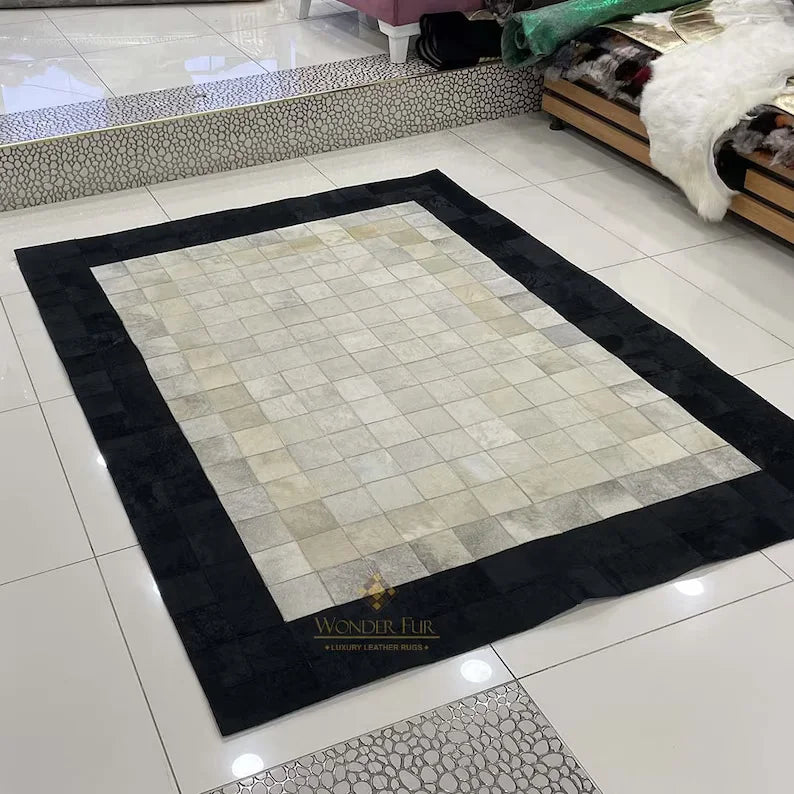 Black Bordered White Natural Cowhide Area 10x9 Rug, Hair on Leather Cow Skin Carpet - Wonder fur rug Rug Wonder Fur Rug Wonder fur rug