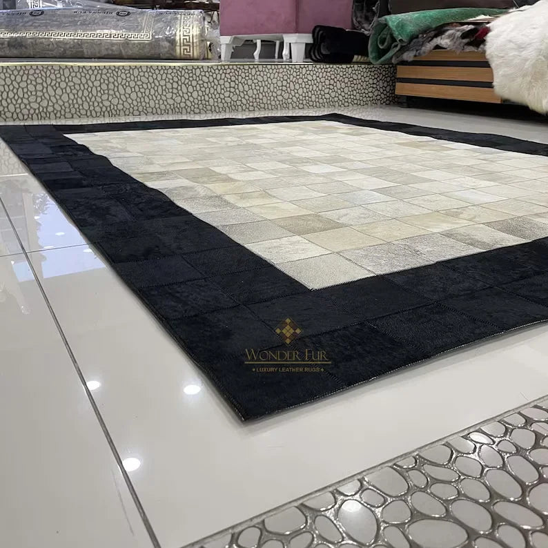 Black Bordered White Natural Cowhide Area 10x9 Rug, Hair on Leather Cow Skin Carpet - Wonder fur rug Rug Wonder Fur Rug Wonder fur rug