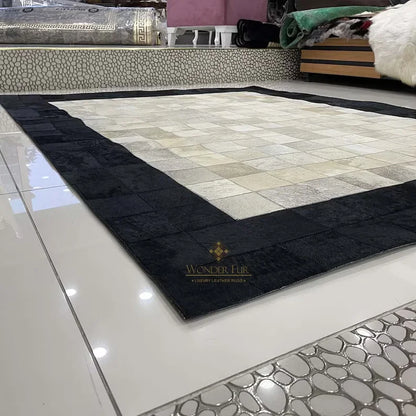 Black Bordered White Natural Cowhide Area 10x9 Rug, Hair on Leather Cow Skin Carpet - Wonder fur rug Rug Wonder Fur Rug Wonder fur rug