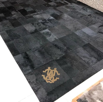 Black Cowhide Patchwork Rug for Living Room Decor, Handmade Rug Natural Leather Cow Skin - Wonder fur rug Rug Wonder Fur Rug Wonder fur rug