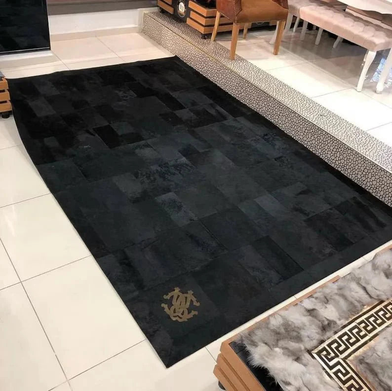 Black Cowhide Patchwork Rug for Living Room Decor, Handmade Rug Natural Leather Cow Skin - Wonder fur rug Rug Wonder Fur Rug Wonder fur rug