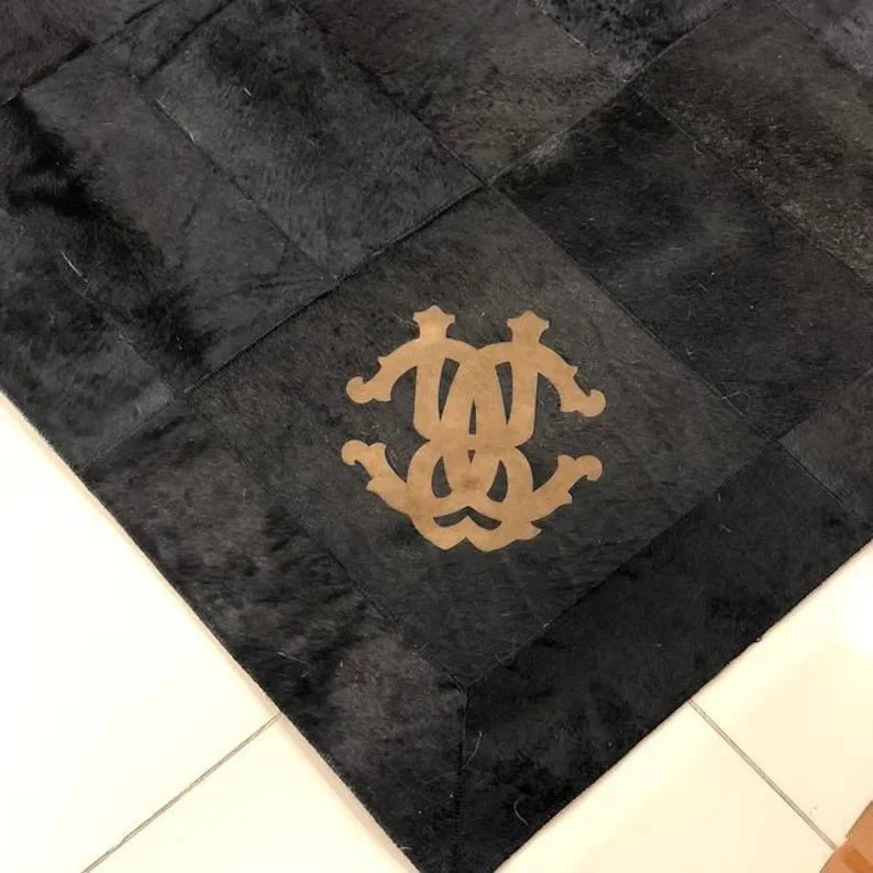 Black Cowhide Patchwork Rug for Living Room Decor, Handmade Rug Natural Leather Cow Skin - Wonder fur rug Rug Wonder Fur Rug Wonder fur rug