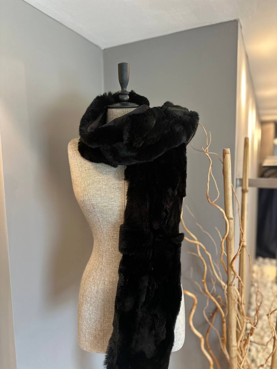 Black Handmade Genuine Rex Rabbit Fur Scarf