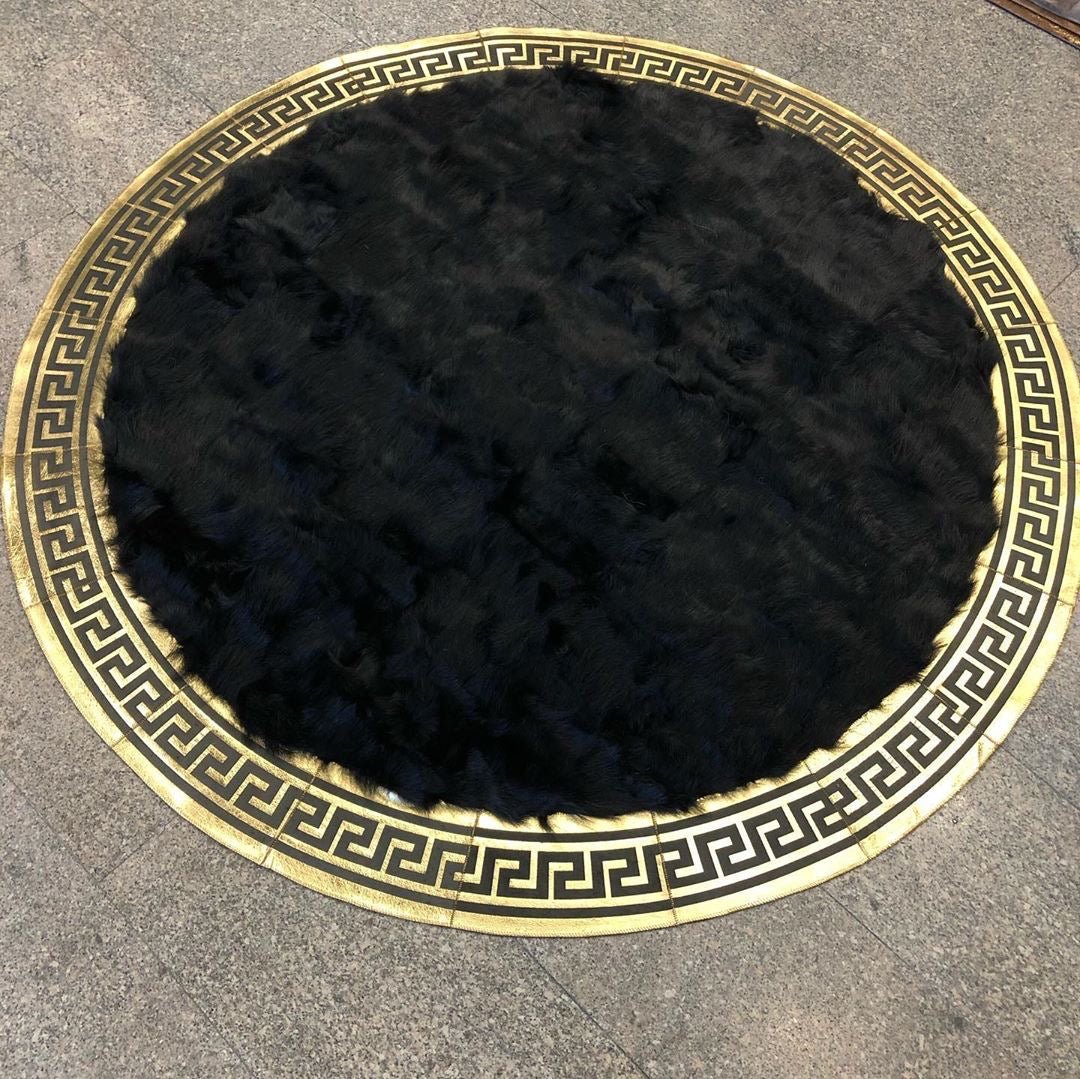 Black Round Sheepskin Area Rug, Round Leather Floor Carpet, Handmade Circle Rug - Wonder fur rug Wonder Fur Rug Wonder fur rug