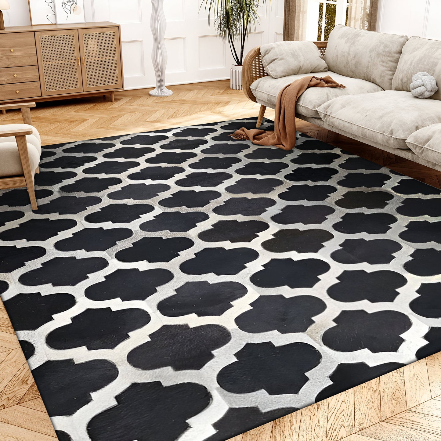 Black White Natural Cowhide Area Rug, 100% Genuine Leather Patchwork Rug