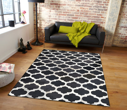Black White Natural Cowhide Area Rug, 100% Genuine Leather Patchwork Rug