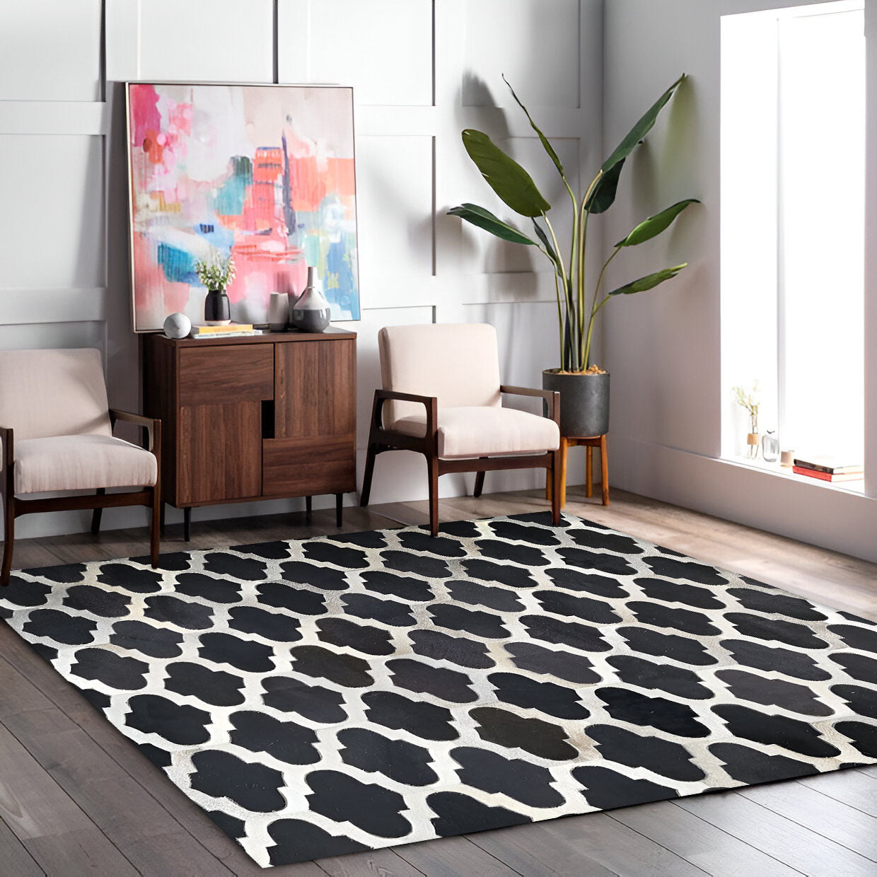 Black White Natural Cowhide Area Rug, 100% Genuine Leather Patchwork Rug