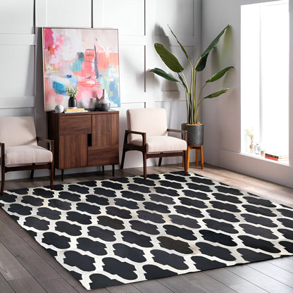 Black White Natural Cowhide Area Rug, 100% Genuine Leather Patchwork Rug