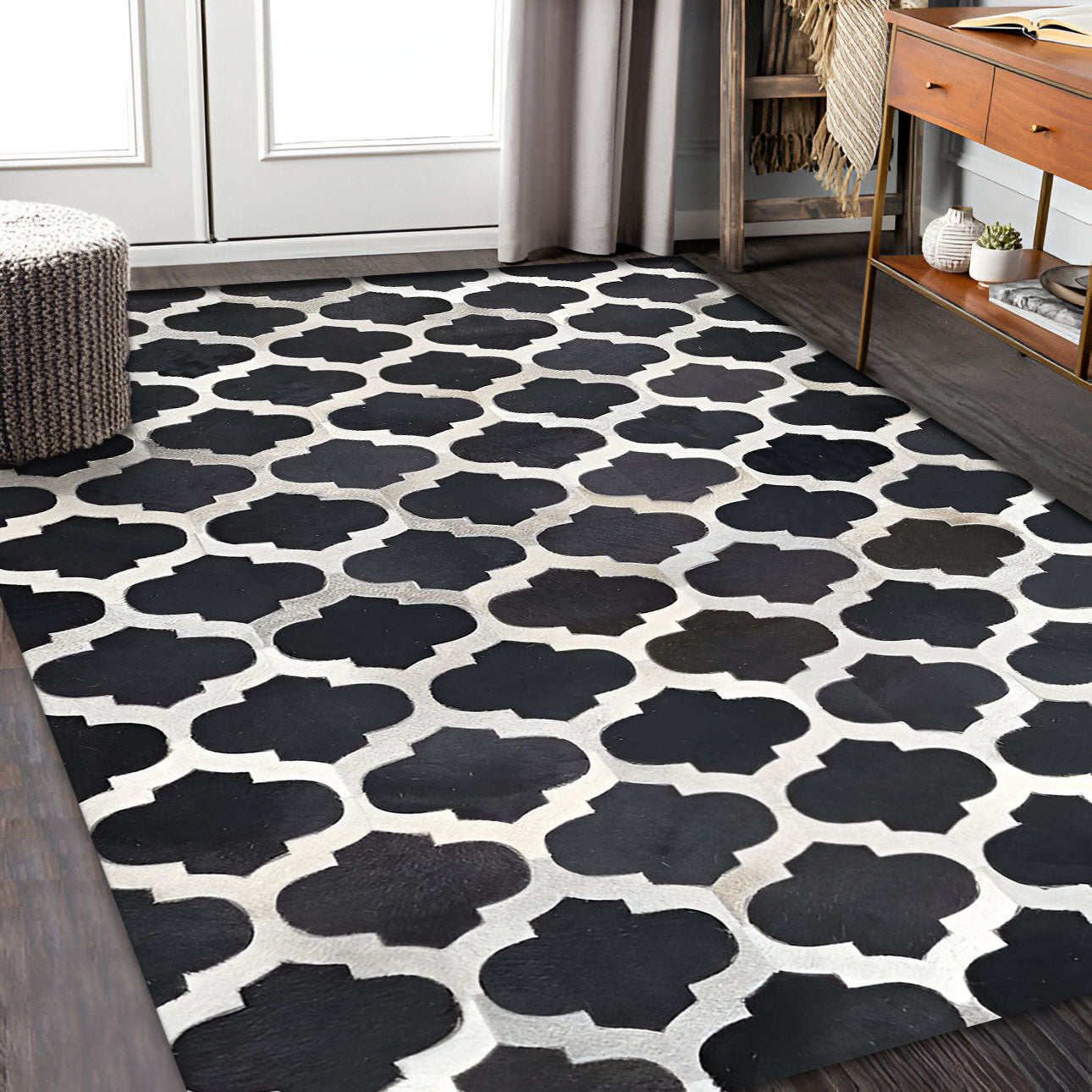 Black White Natural Cowhide Area Rug, 100% Genuine Leather Patchwork Rug
