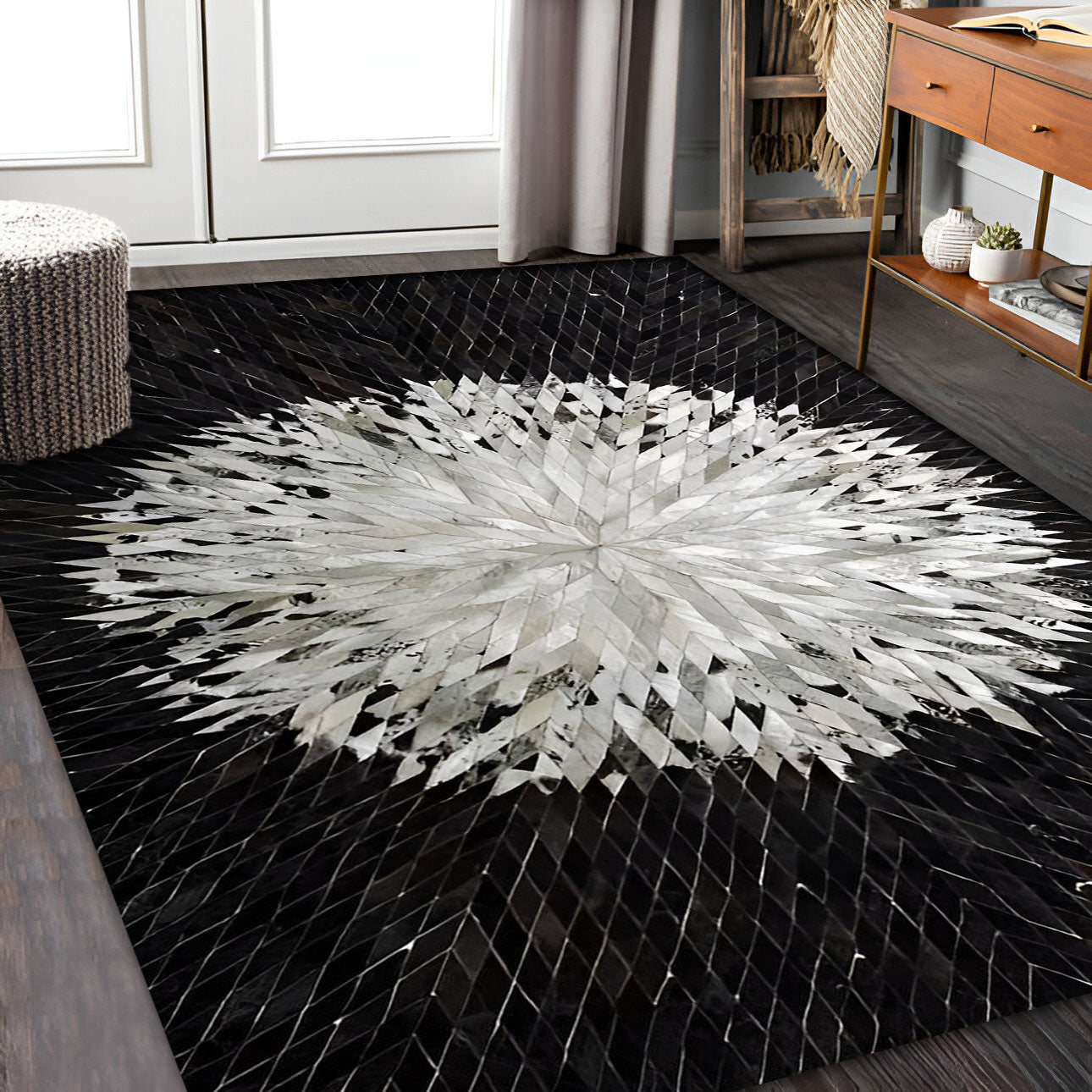 Black and White Geometric Pattern Cowhide Area Rug, 100% Genuine Leather Rug